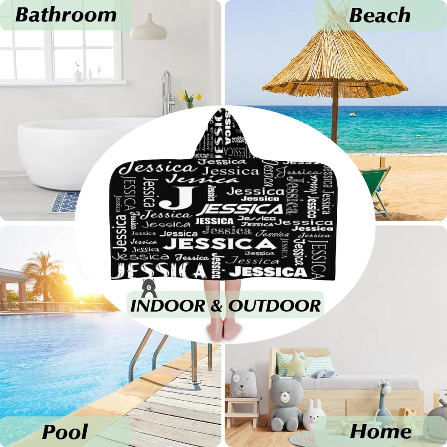 Custom Kids Hooded Beach Towel with Initials Black