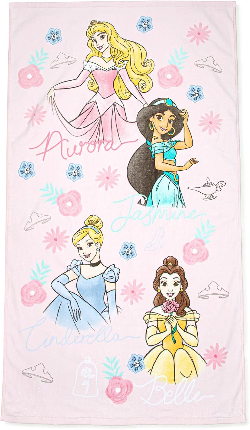 Jay Franco Disney Princess Bath Towel with Cinderella Belle Jasmine and Aurora