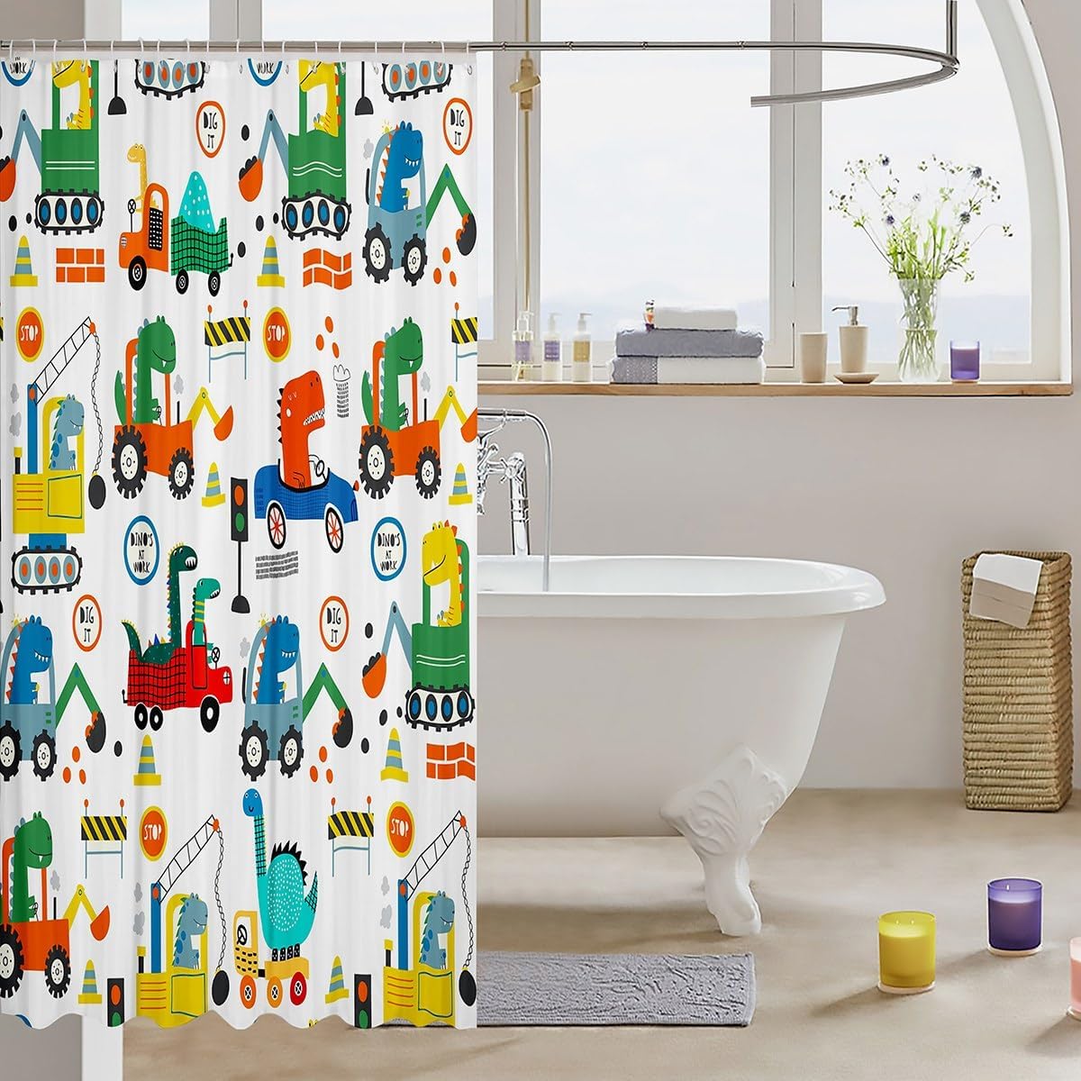Feelyou Excavator Bath Curtain 72x72 Kids Dinosaur Shower Curtain Set