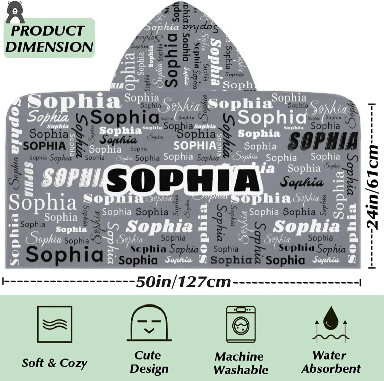 Personalized Kids Hooded Towel with Name Grey