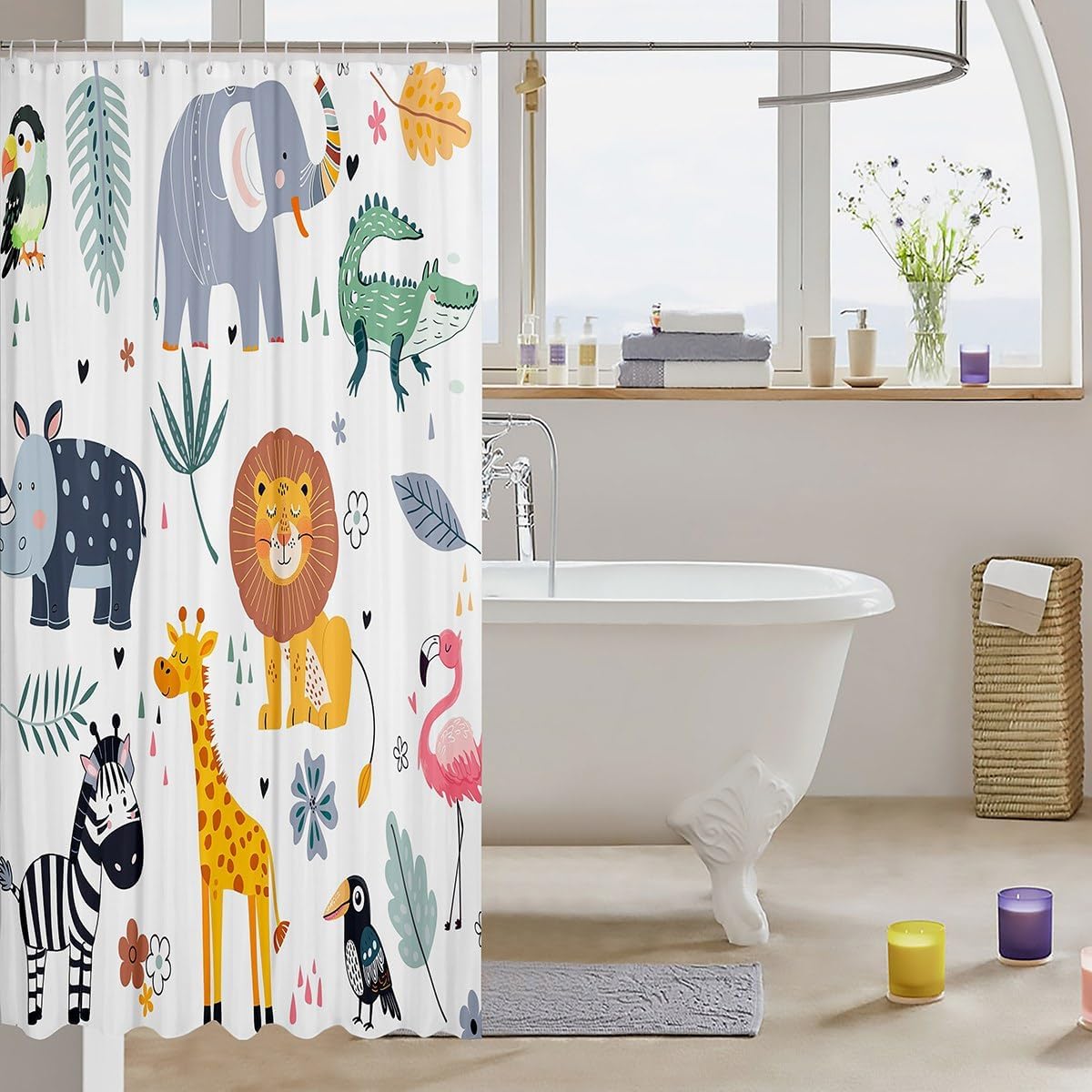 Kids Zoo Animal Bath Curtain with Hooks 72x72 Inch