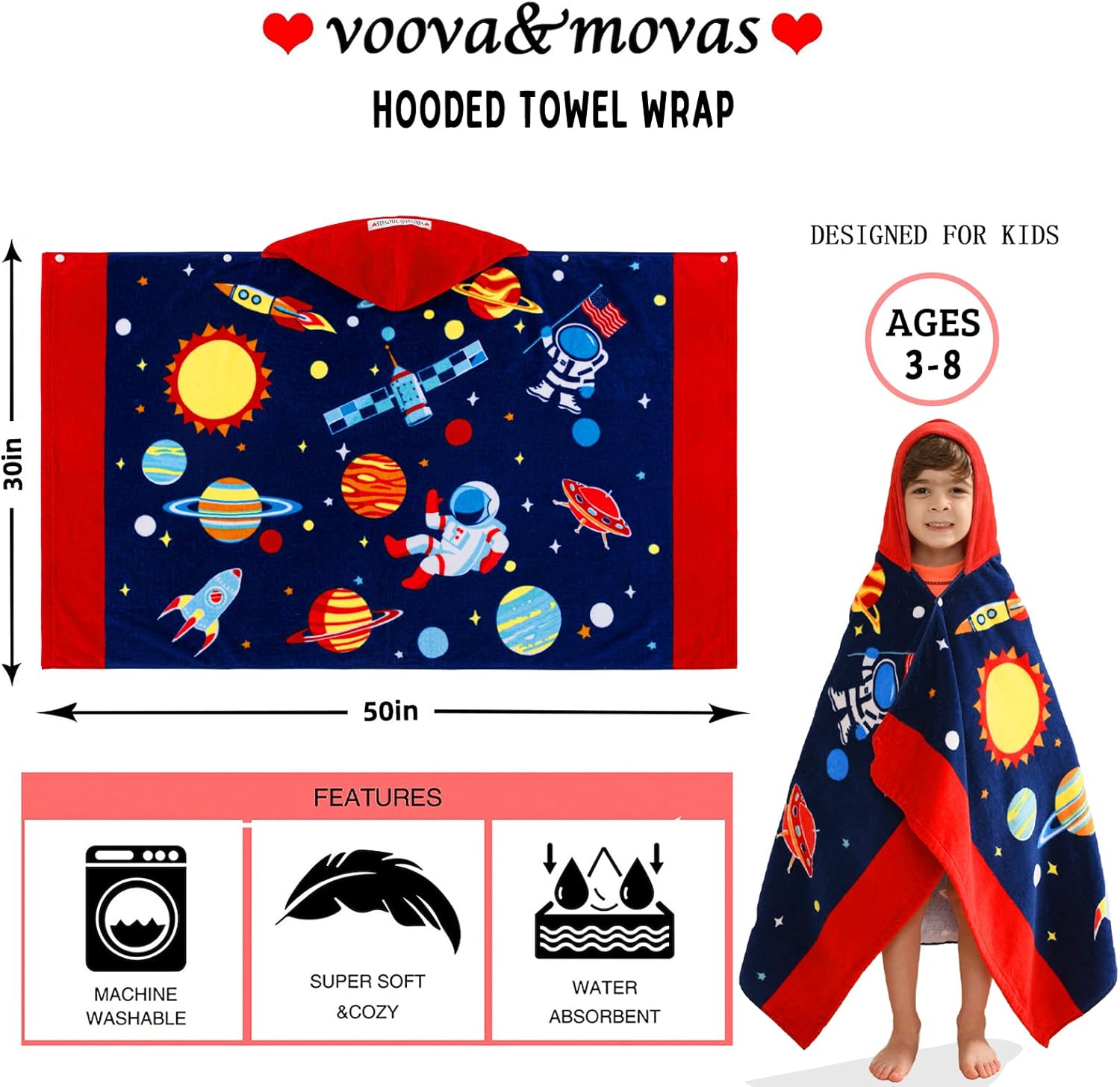 VOOVA MOVAS Space Theme Hooded Towel for Kids 3-10 Years