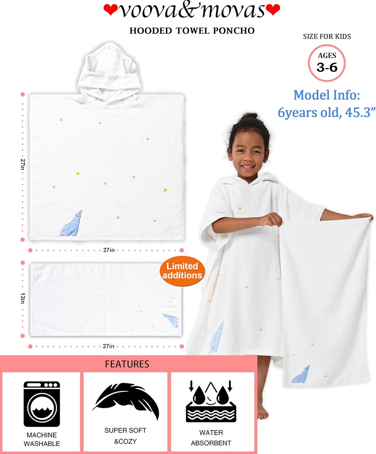 VOOVA MOVAS White Toddler Towel Set with Hood - 3-6 Years