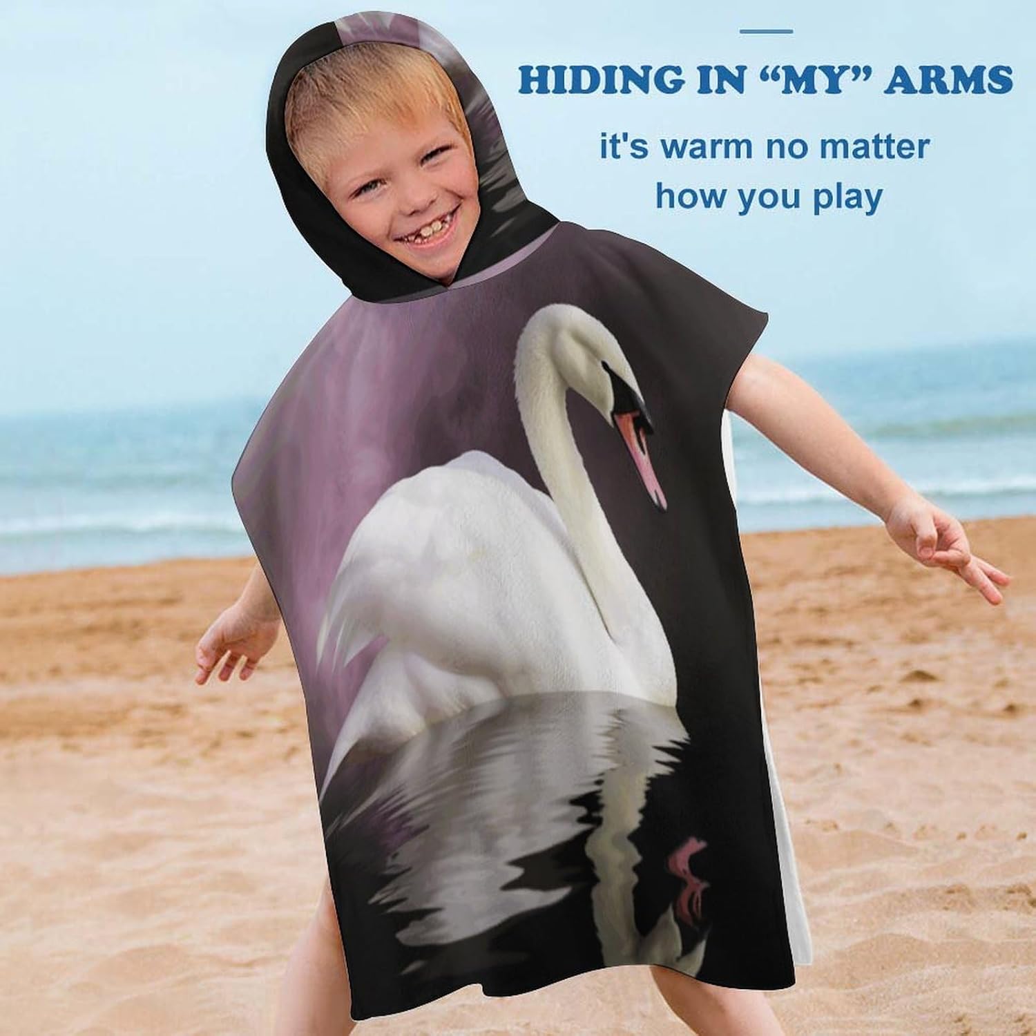 Kids Hooded Bath Towel with White Swan Print