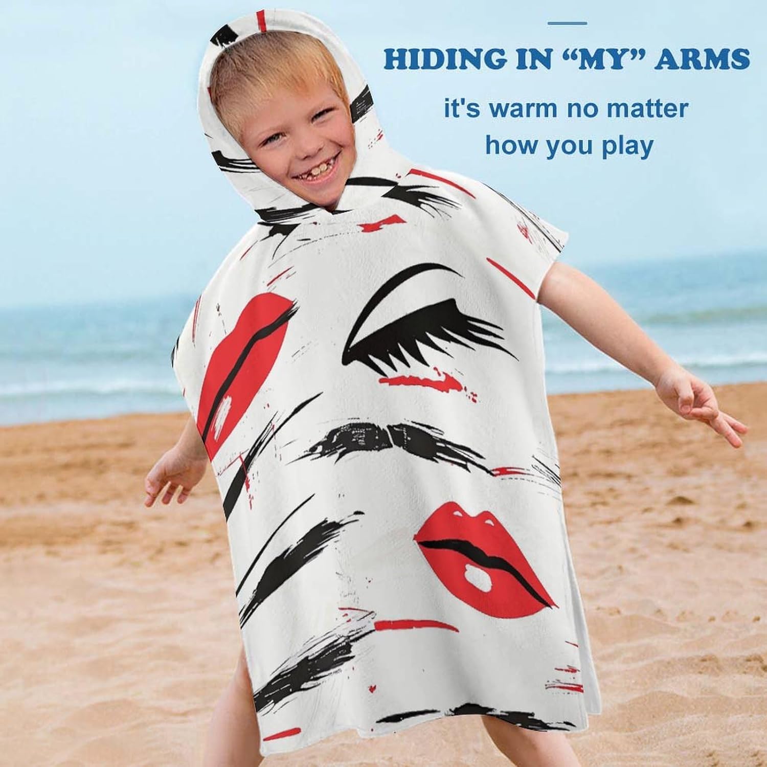 Kids Hooded Bath Towel with Lips and Eyelashes Print