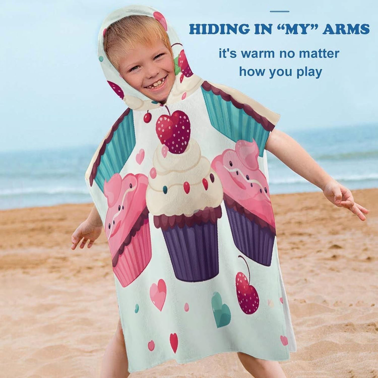 Kids Hooded Beach Towel with Cupcake Candy Hearts Print