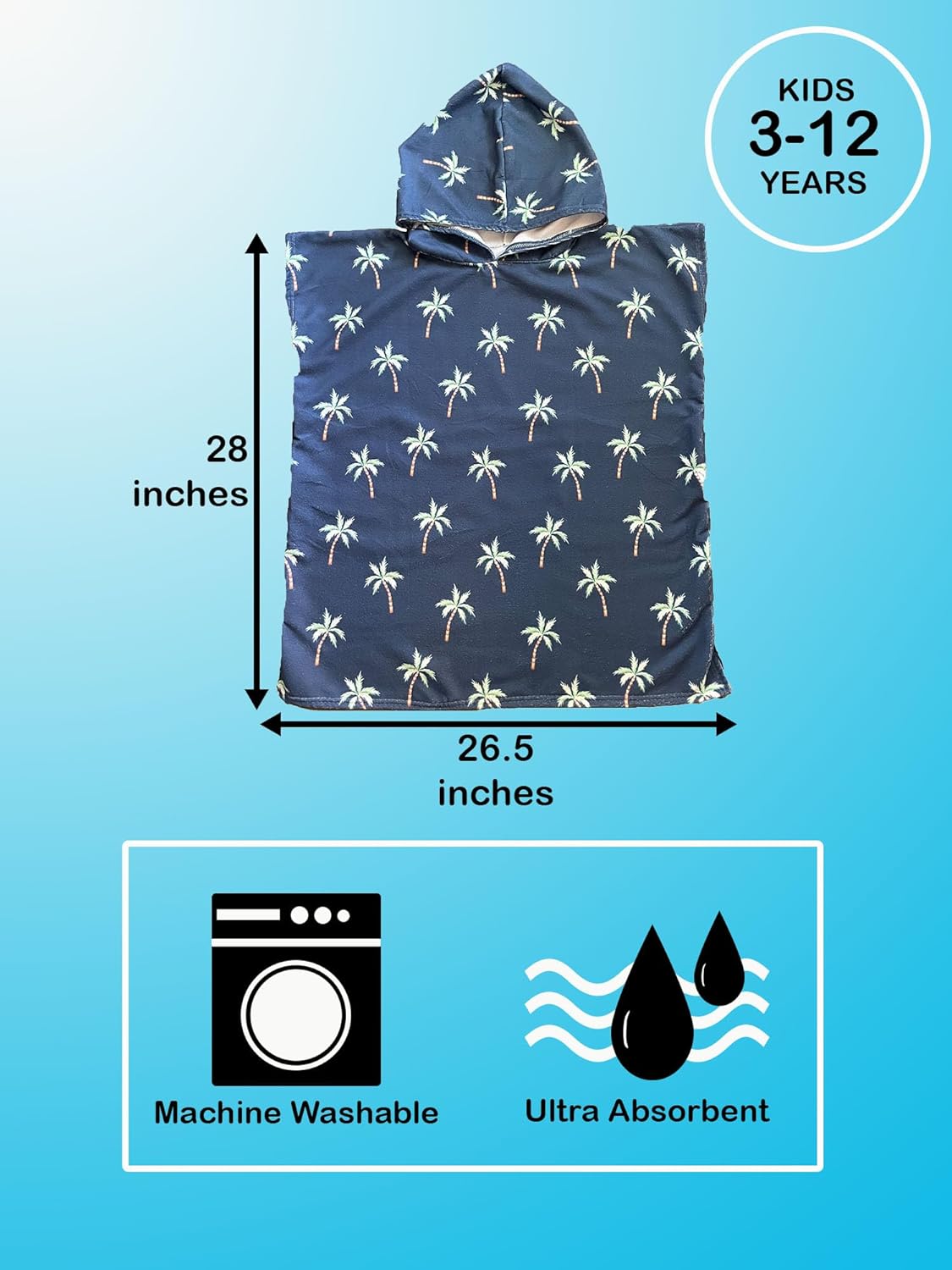 Kids Hooded Towel Poncho - Navy Blue Palm Trees