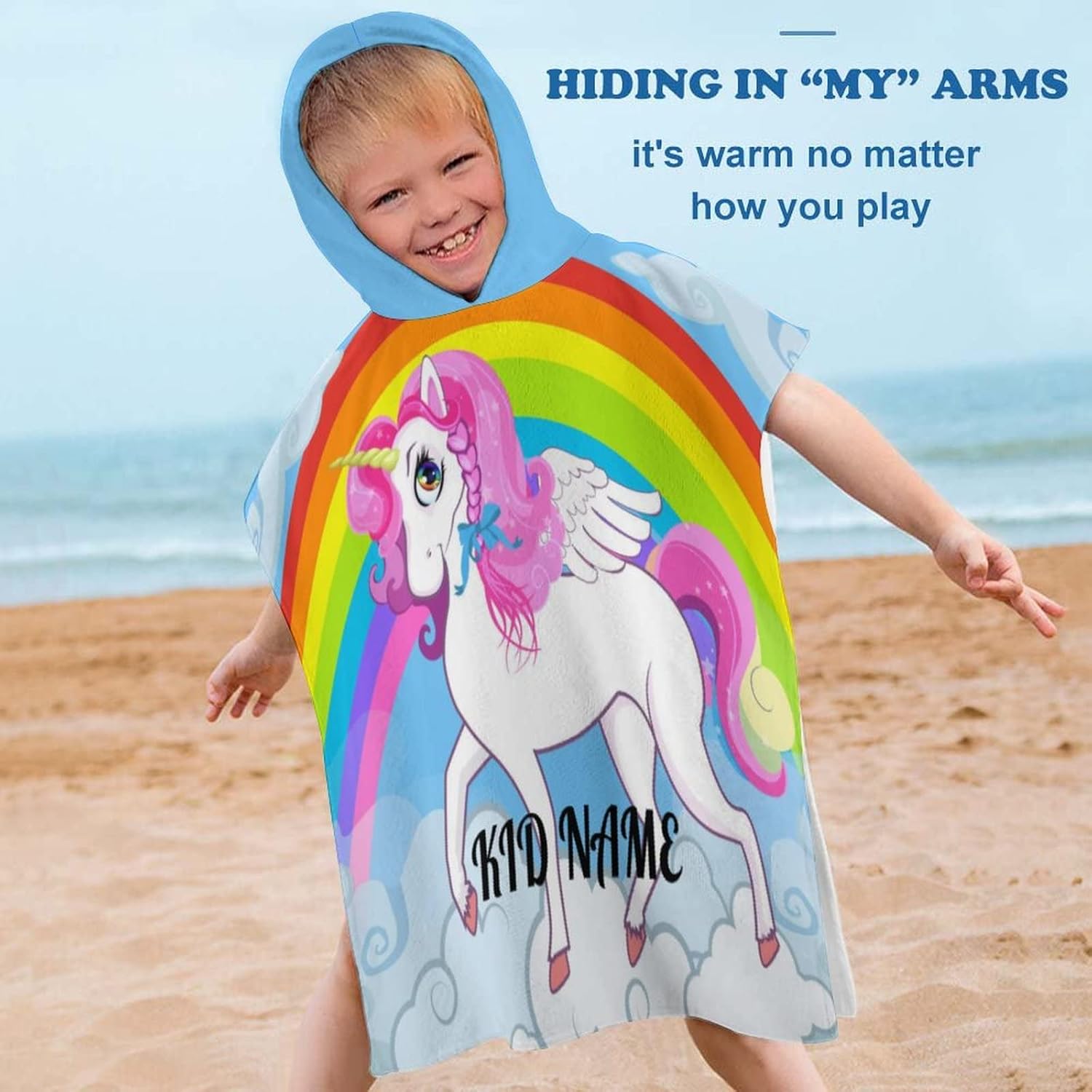 Custom Kids Beach Towel with Hood Rainbow Galaxy Unicorn Personalized