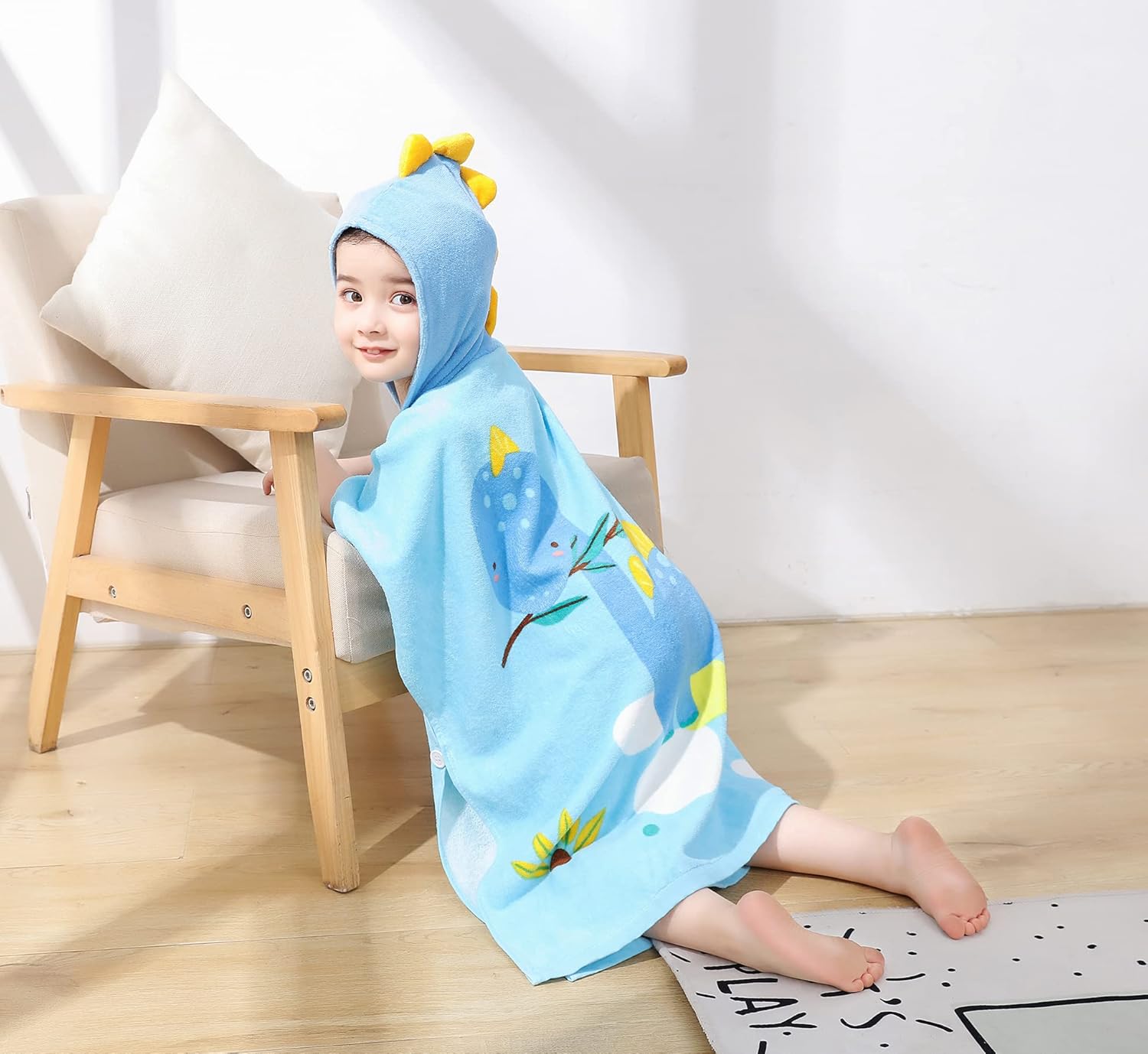 TONWHAR Kids Hooded Poncho Towel - Stegosaurus Cartoon Pattern 1-5 Years