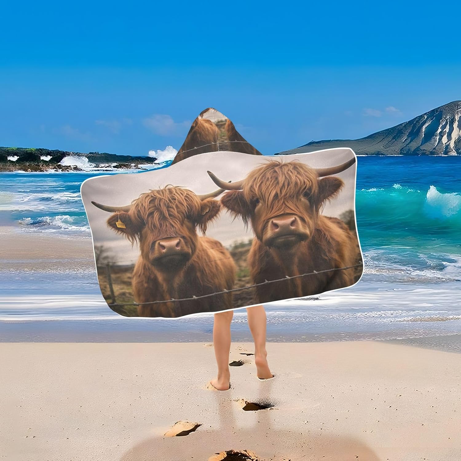 Kids Bath Towel Wrap - Scottish Cow Hooded Towel - Super Soft and Quick Dry