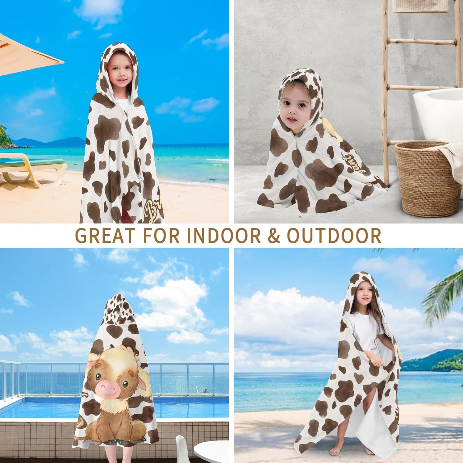 Eiis Unidesign Hooded Cartoon Cow Kids Beach Towel Wrap