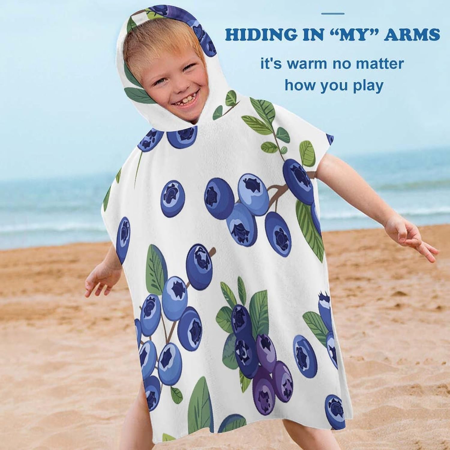 Kids Hooded Beach Towel with Blueberries Design