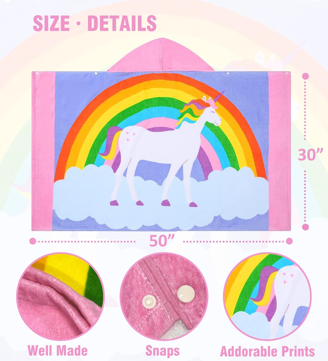 Toddler Hooded Bath Towel - 30x50 Cotton Kids Towel with Snap Closure