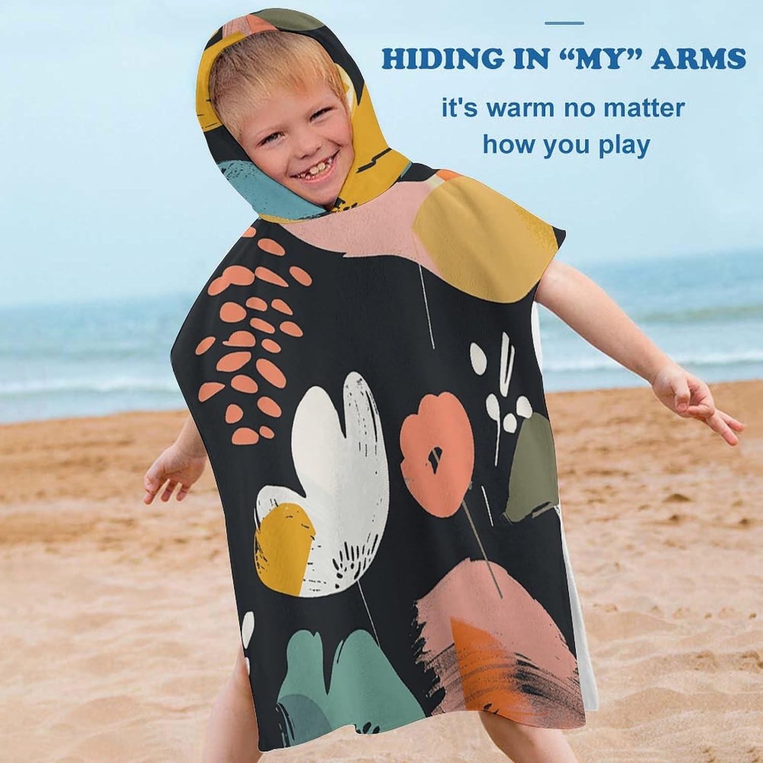 Kids Hooded Beach Towel with Abstract Flowers Print