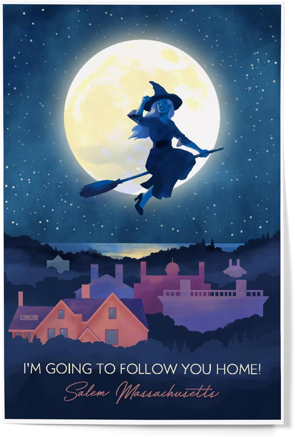 Lantern Press 12x18 Inch Art Print Salem Witch Over Salem Rooftops Night Sky