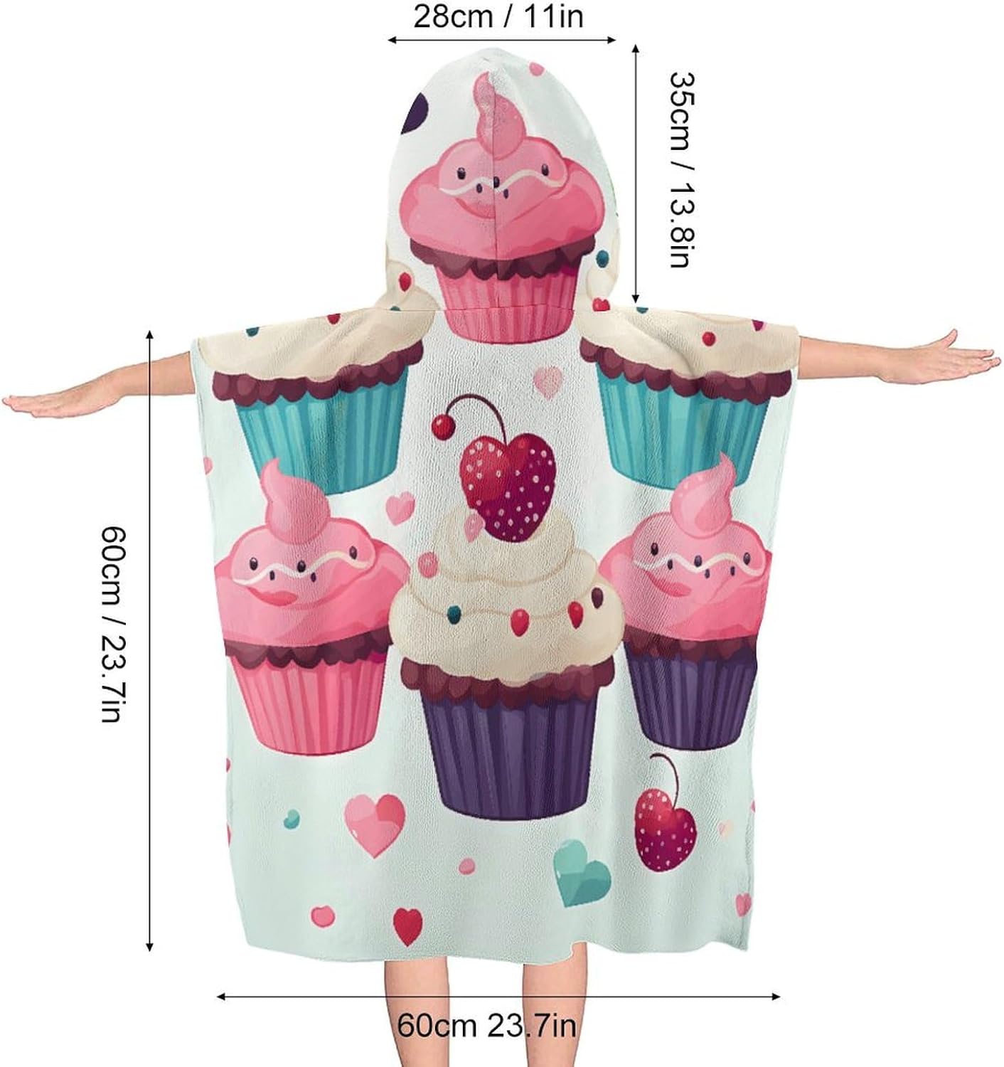 Kids Hooded Beach Towel with Cupcake Candy Hearts Print