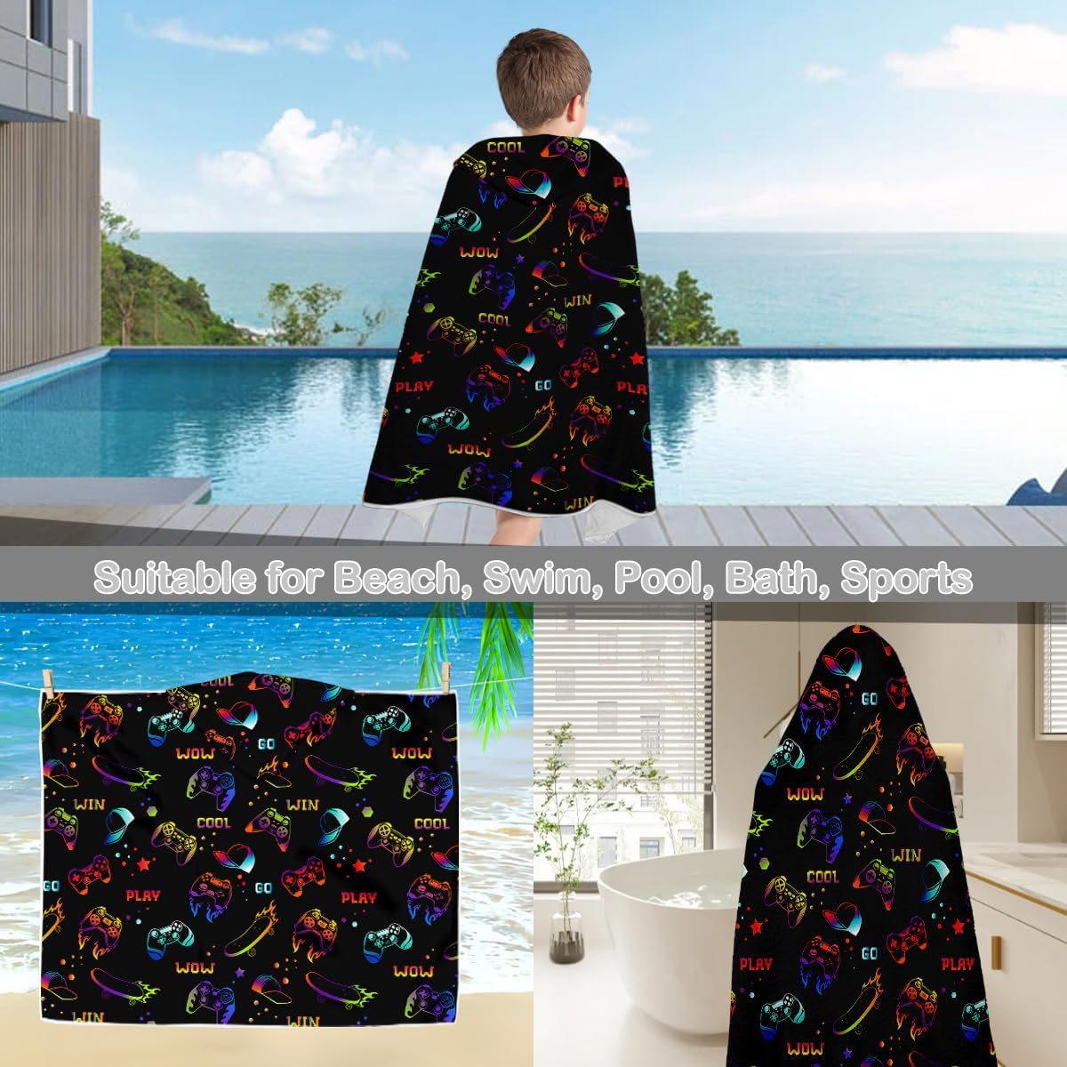 Sleepwish Kids Neon Gamer Beach Towel with Hood
