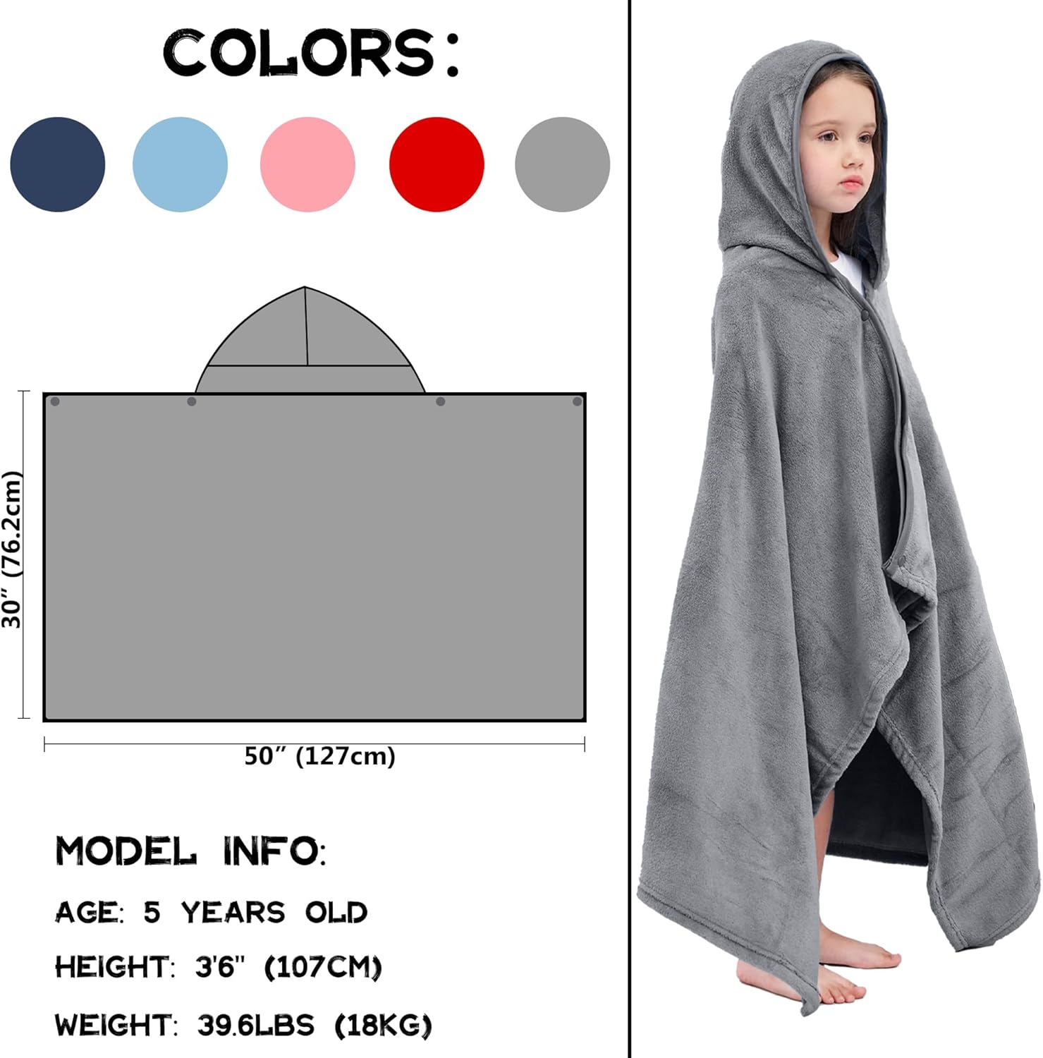 Hiturbo Kids Fleece Hooded Bath Towel - 50x30 Inches Gray