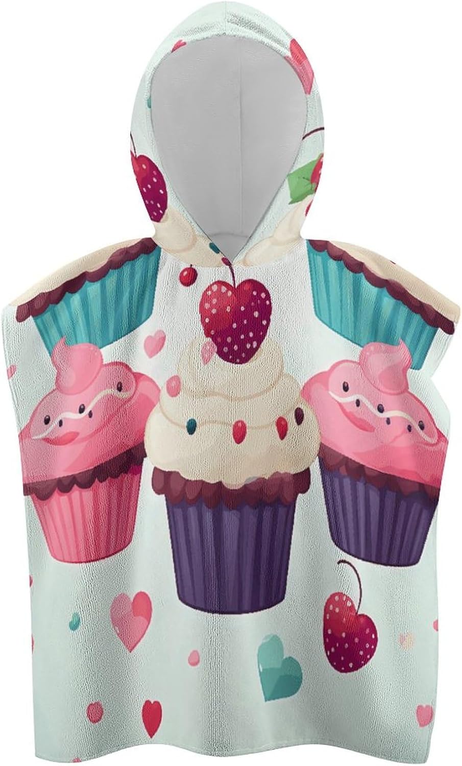 Kids Hooded Beach Towel with Cupcake Candy Hearts Print