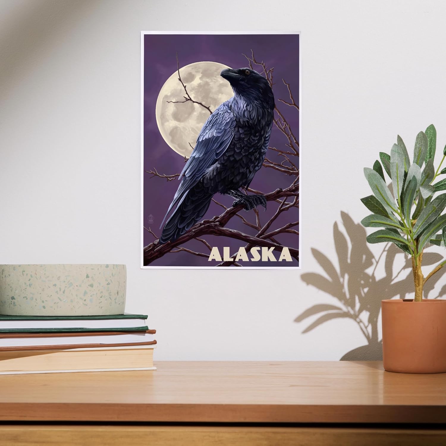 Lantern Press 8x12 Art Print Alaska Raven Moon Purple Sky
