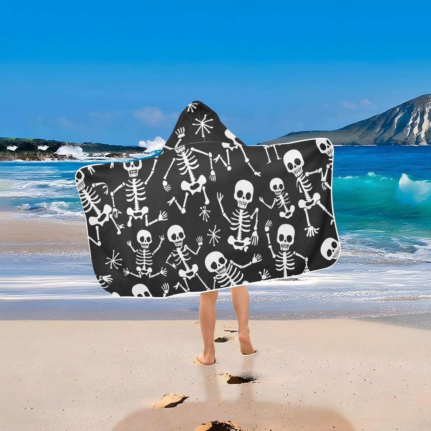 Kids Hooded Beach Towel with Cartoon Skeletons and Bones