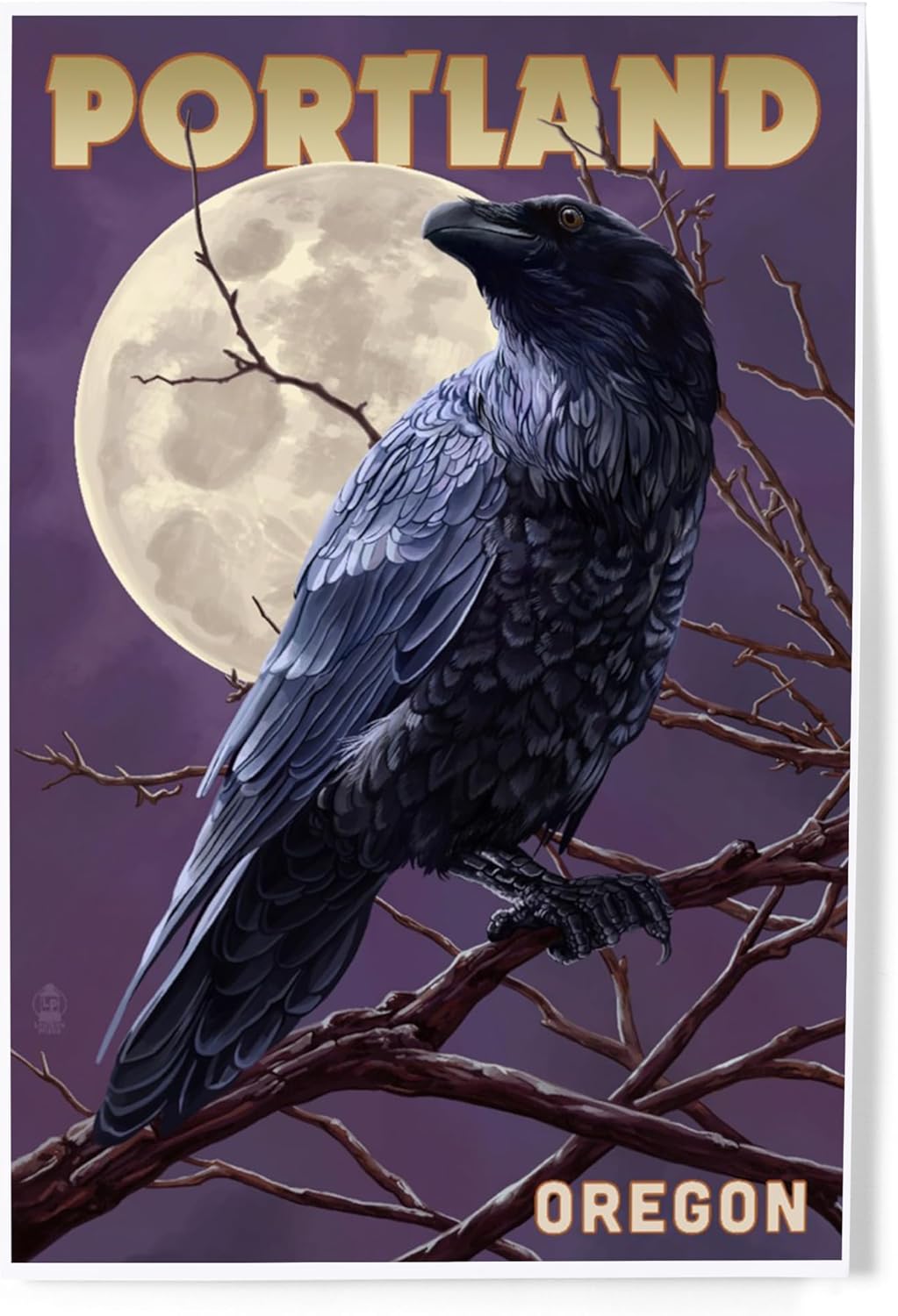 Lantern Press 8x12 Art Print Raven and Moon Purple Sky Portland Oregon