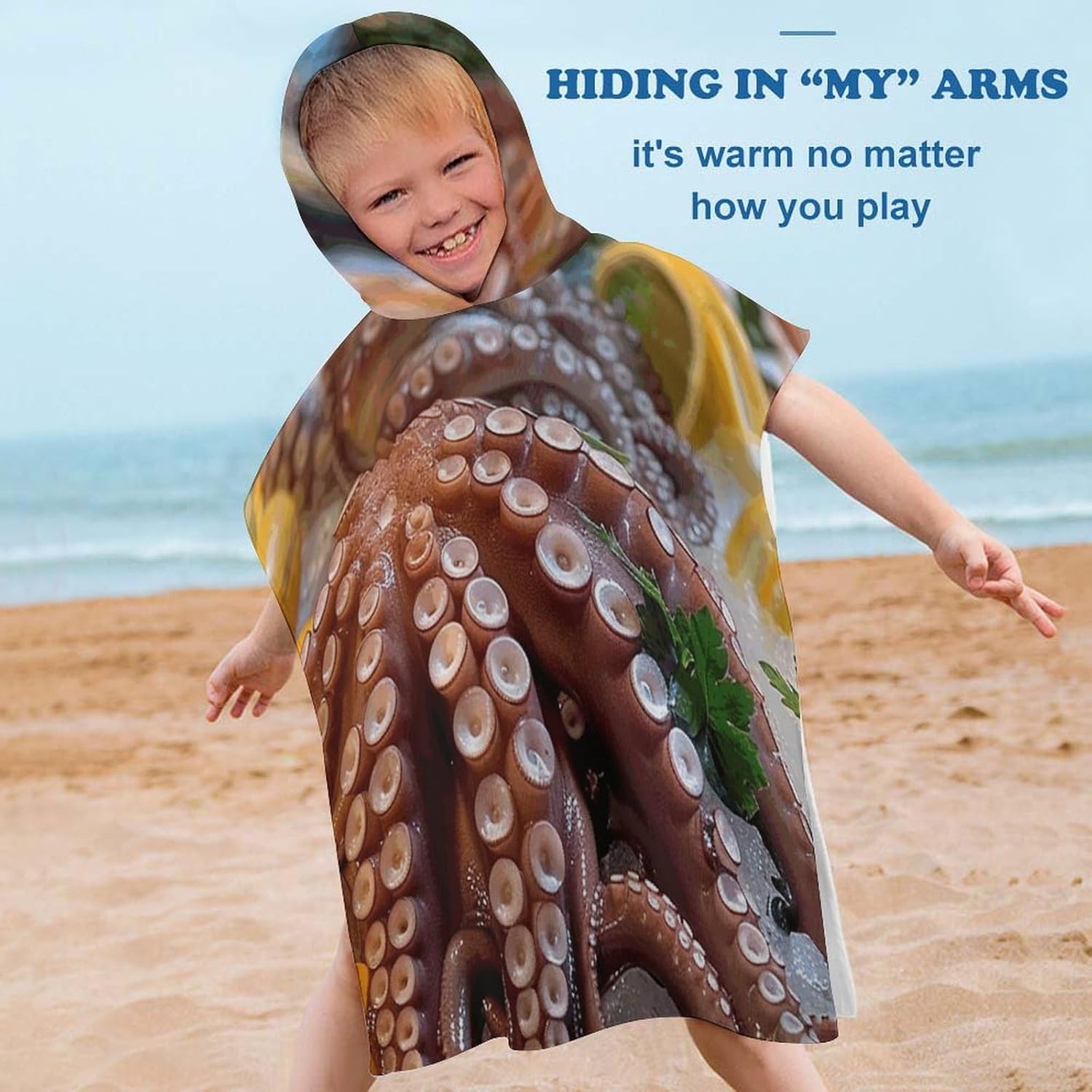 Kids Hooded Bath Towel with Seafood Print