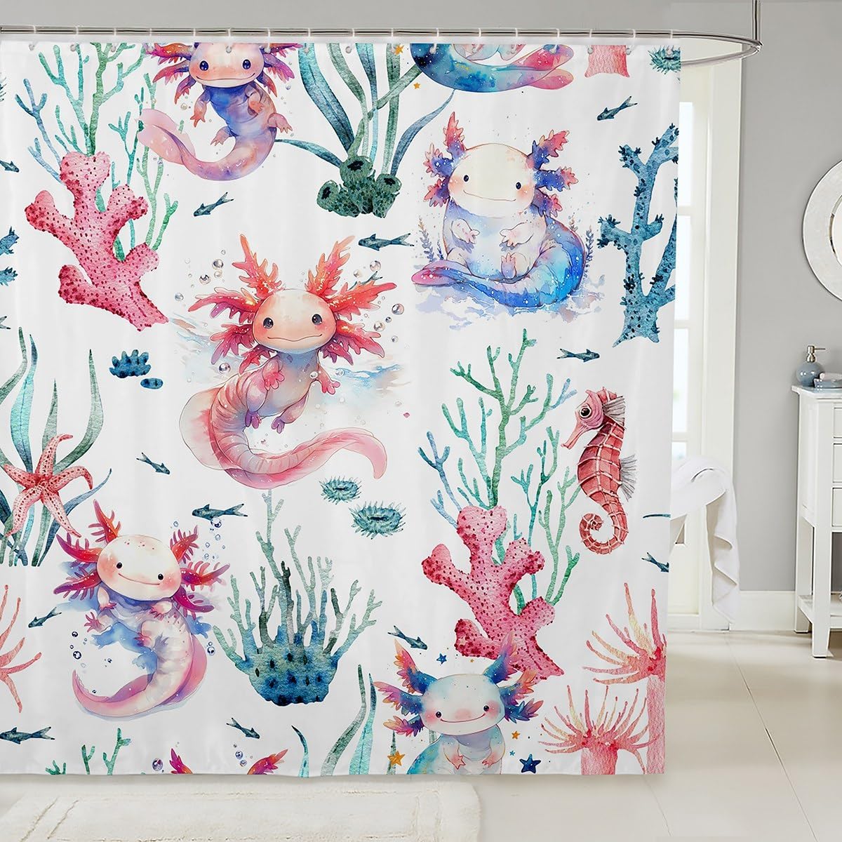 Feelyou Cartoon Axolotl Waterproof Shower Curtain with 12 Hooks 72x72 Inches