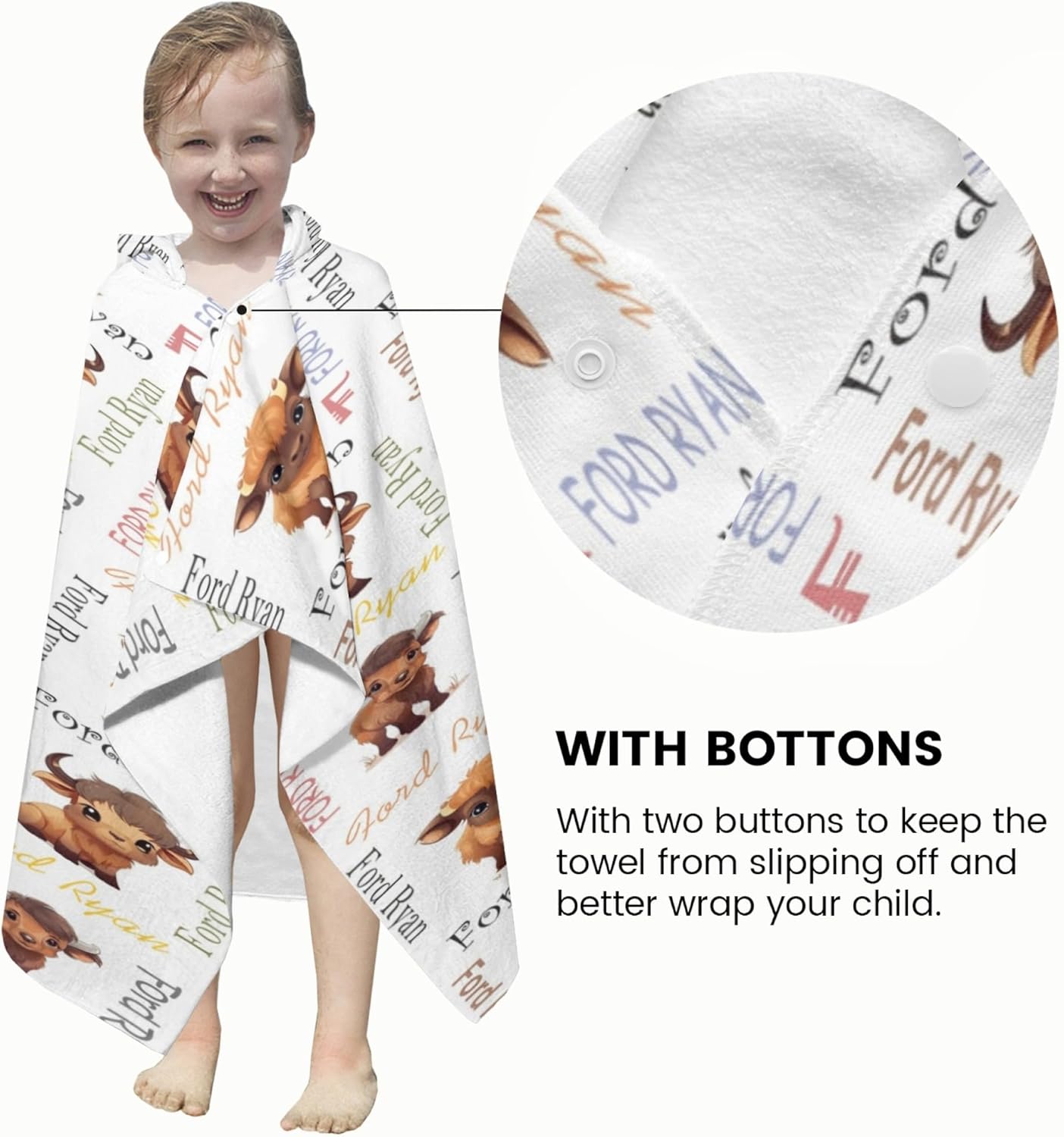 Personalized Buffalo Hooded Kids Bath Towel with Name