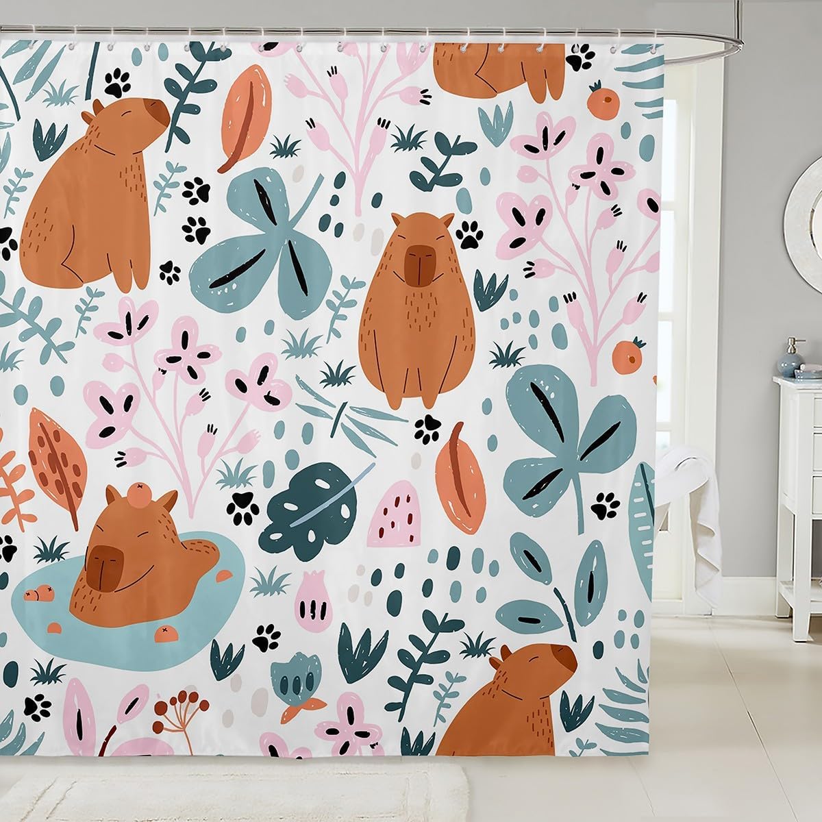 Feelyou Cartoon Capybaras Shower Curtain 72x72 Kids Bathroom Accessory Set