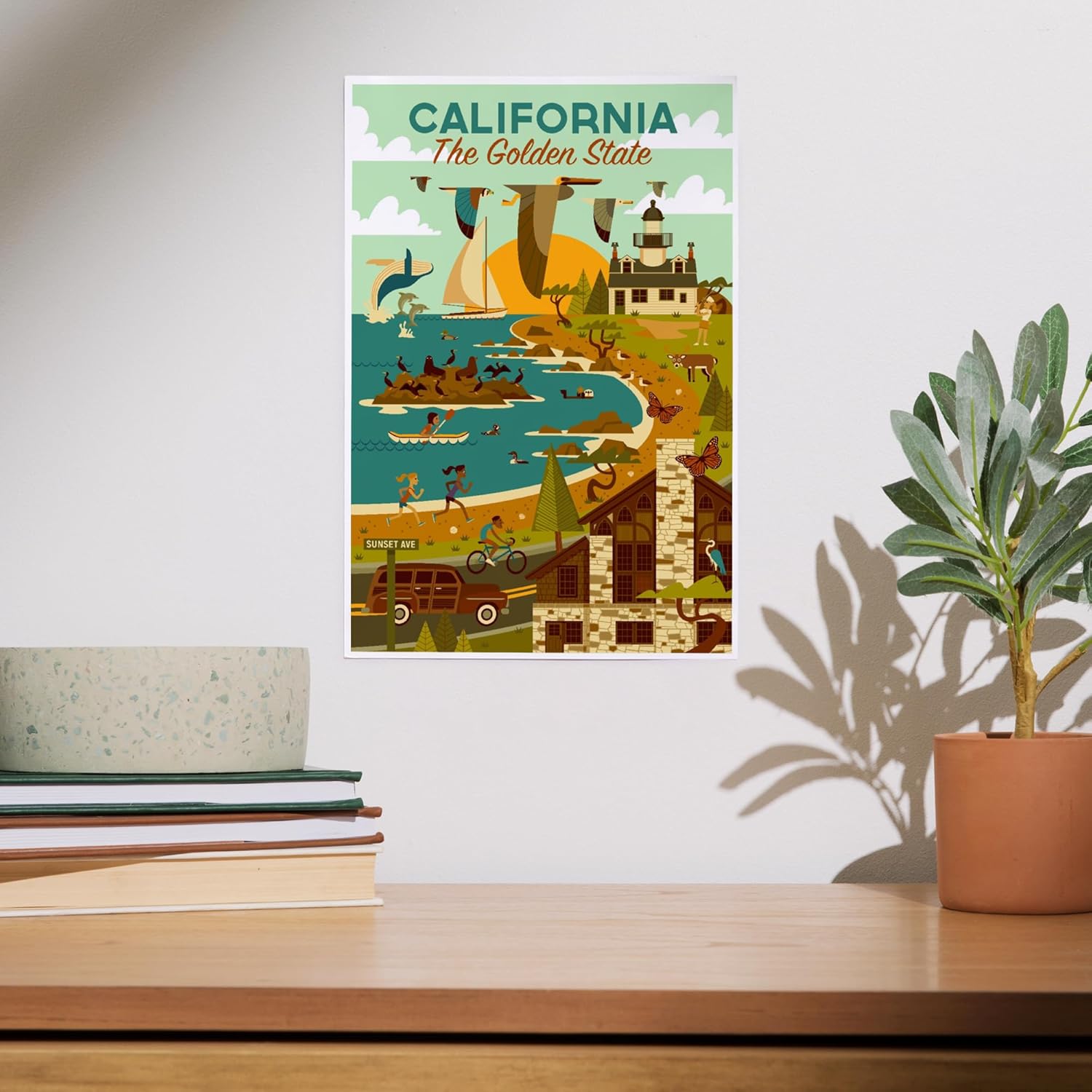 Lantern Press 8x12 Art Print California Golden State Geometric Blue Sky