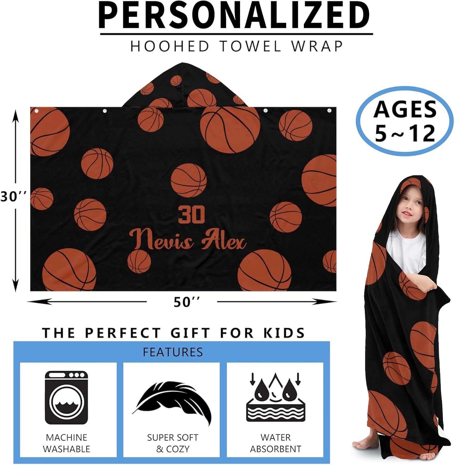 Deven Sport Basketball Personalized Hooded Bath Towel for Kids