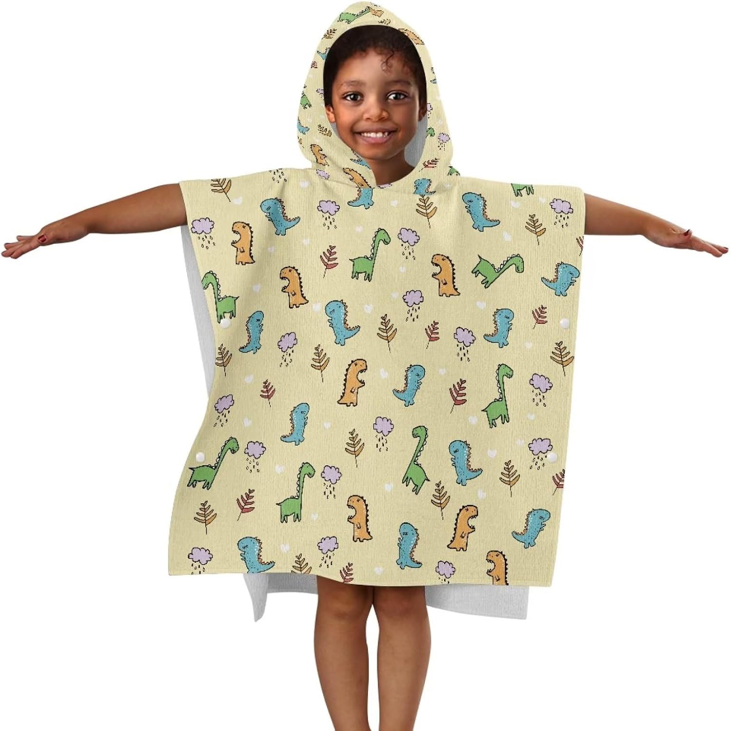 Goronwyfloyd Children Hooded Shower Towel with Yellow Dinosaur Leaf Pattern