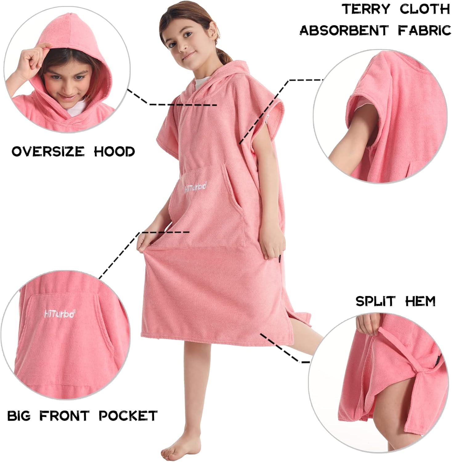Hiturbo Kids Changing Towel Hoodie - Quick Dry Microfiber Bath Towel - Pink