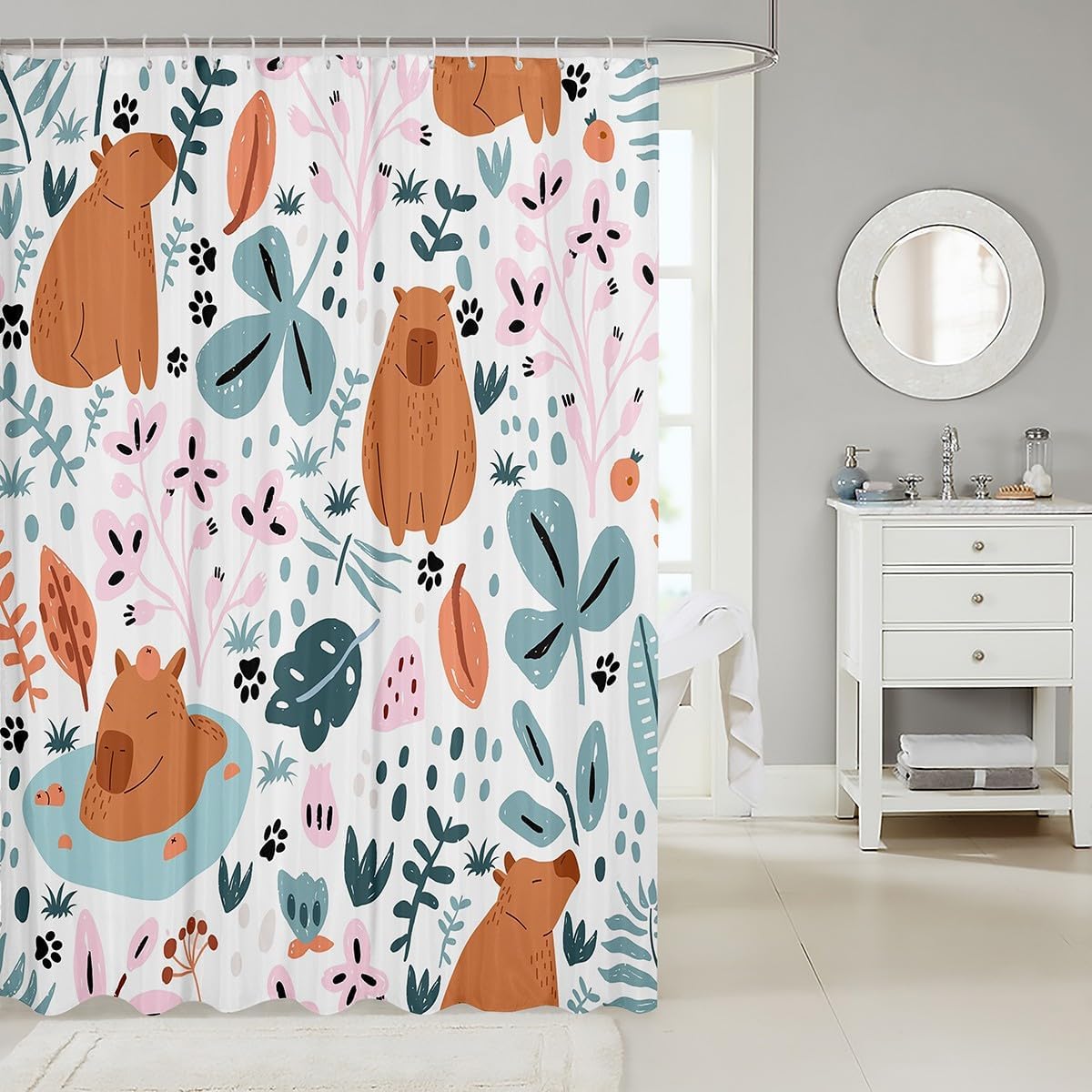 Feelyou Cartoon Capybaras Shower Curtain 72x72 Kids Bathroom Accessory Set