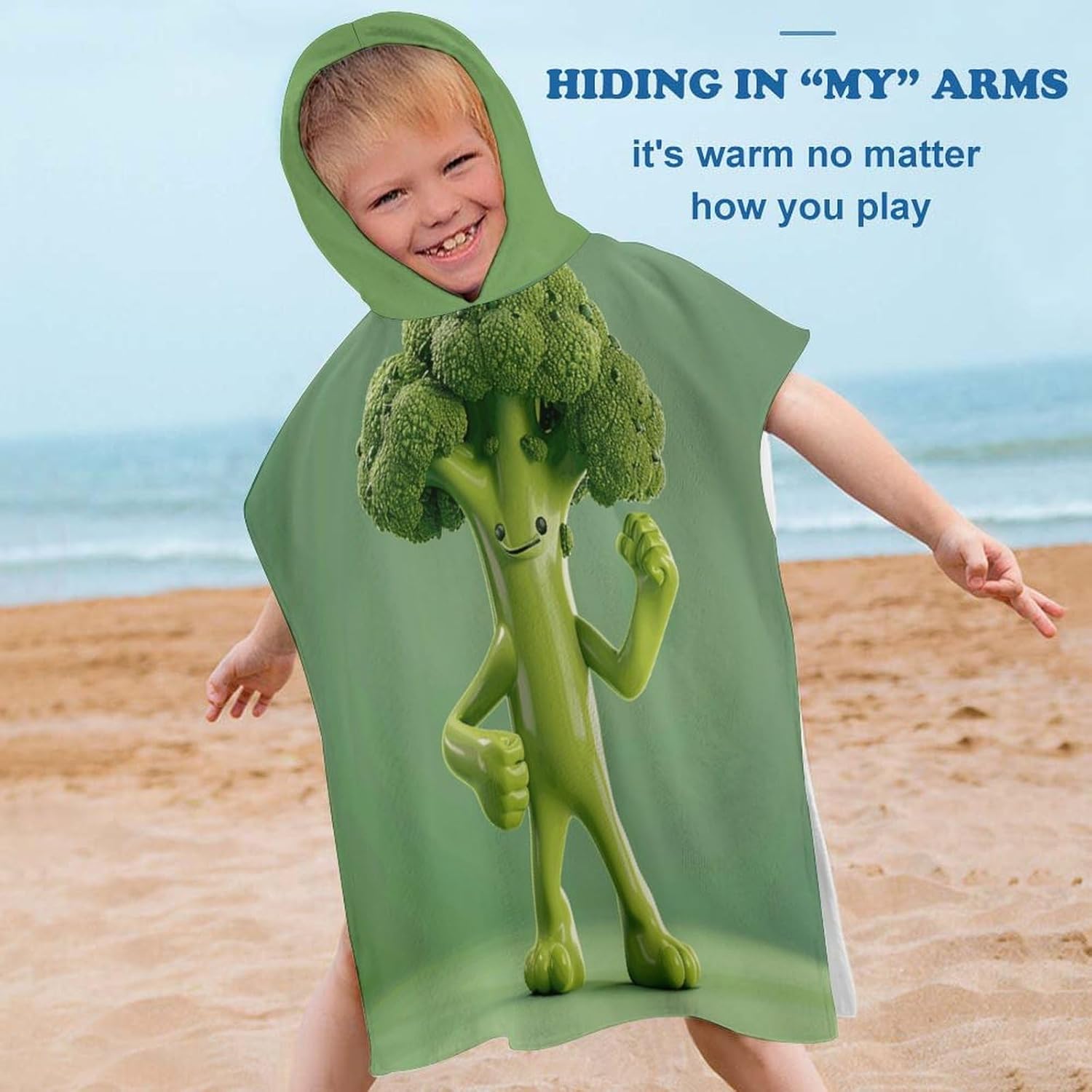 Kids Hooded Bath Towel with Green Broccoli Design
