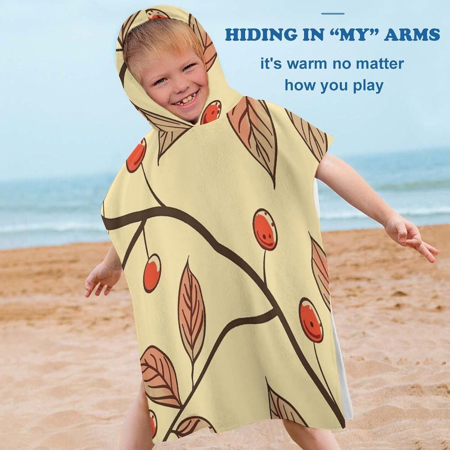 Kids Hooded Beach Towel with Brown Line Design
