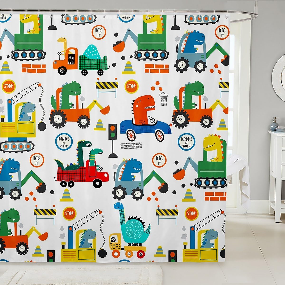Feelyou Excavator Bath Curtain 72x72 Kids Dinosaur Shower Curtain Set