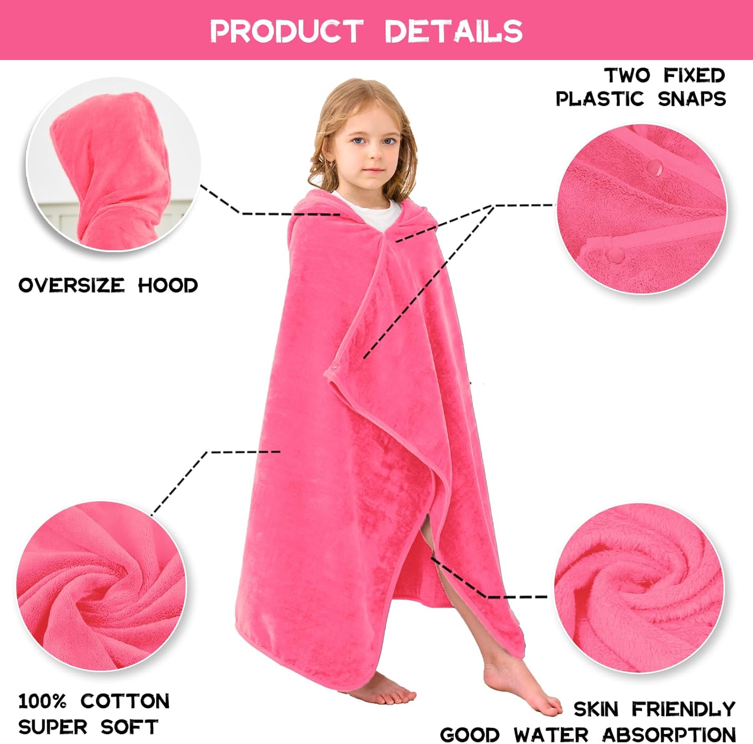 Hiturbo Kids Hooded Bath Towel - Pink 50x30 Inches