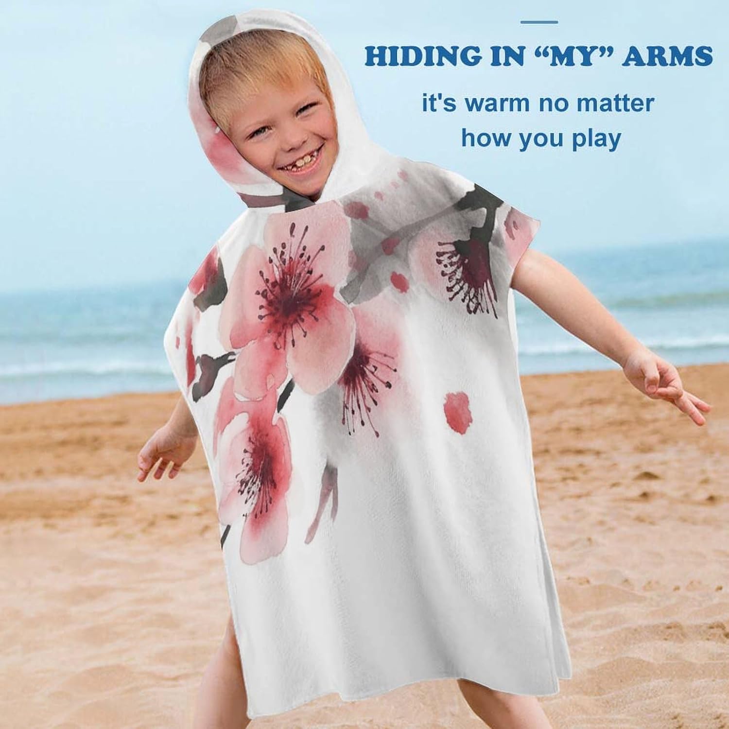 Kids Hooded Bath Towel with Cherry Florals Print