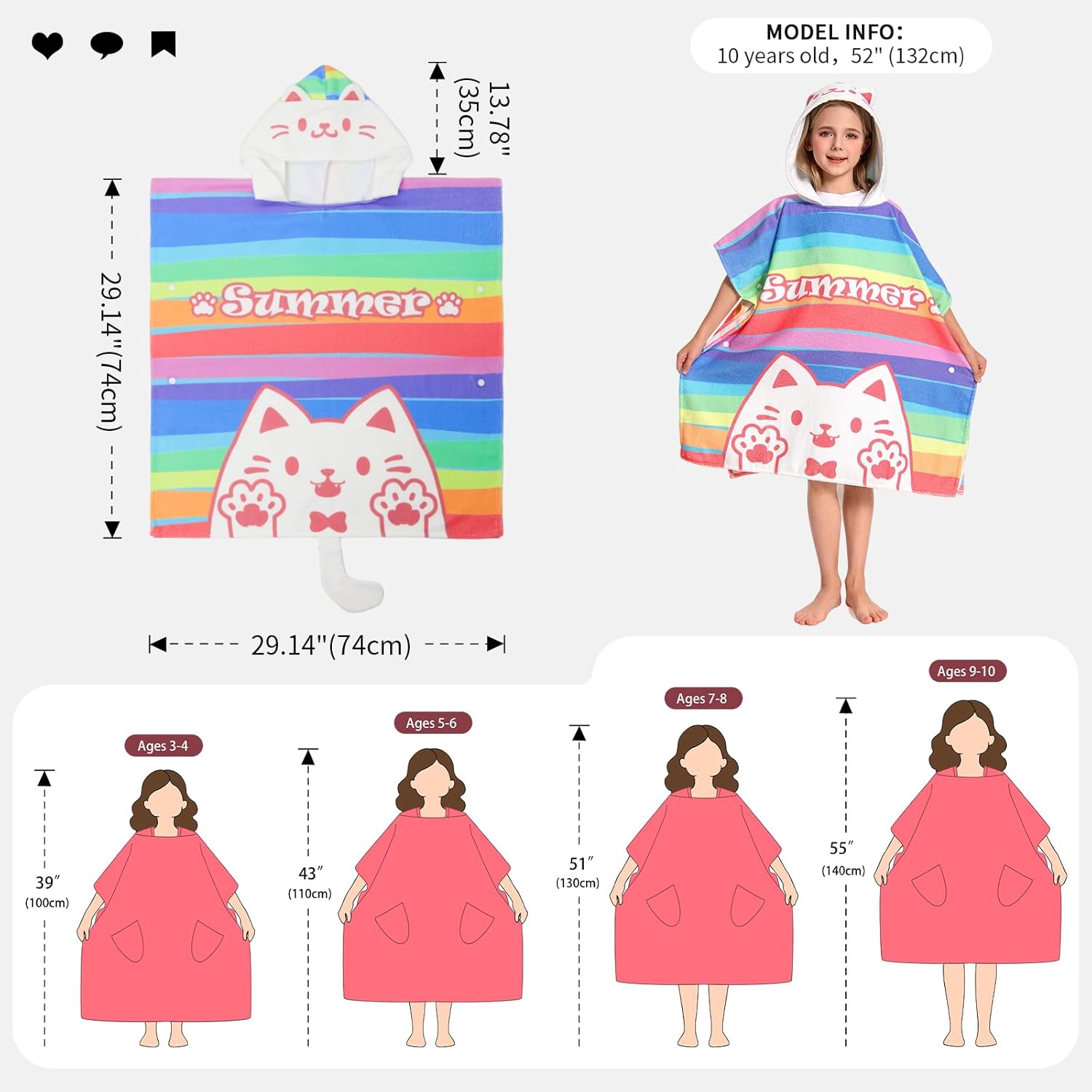 OLAOLA Striped Cat Hooded Kids Beach Towel