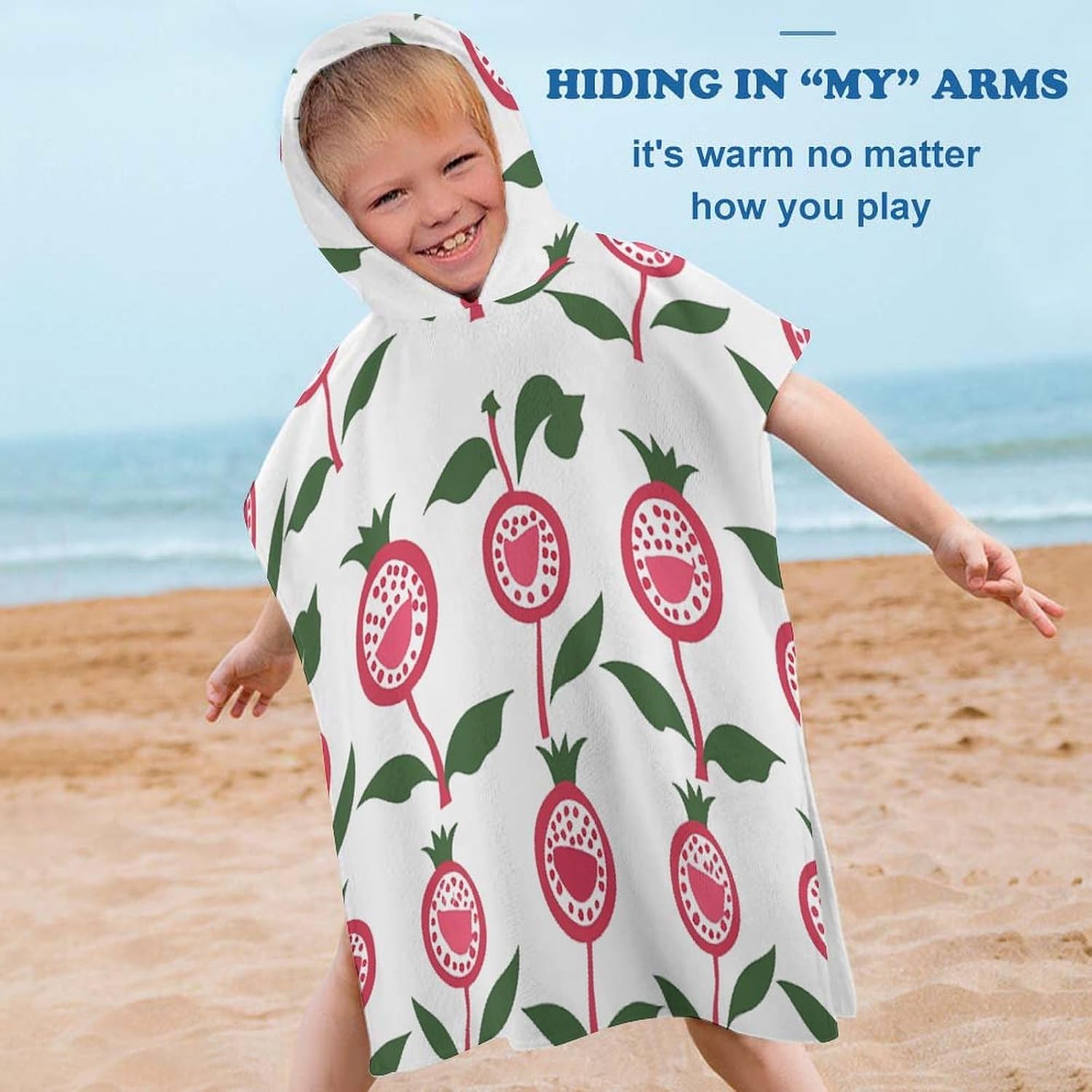 Kids Hooded Beach Towel with Pomegranate Pattern Design