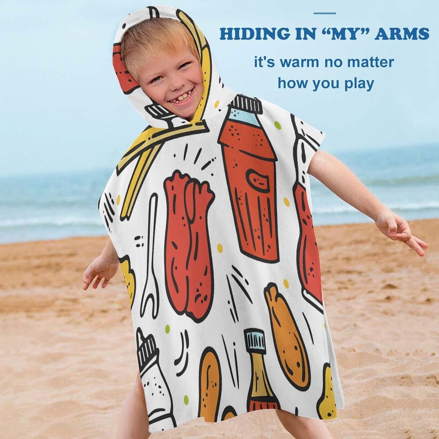 Kids Hooded Bath Towel with Doodle Fast Food Design