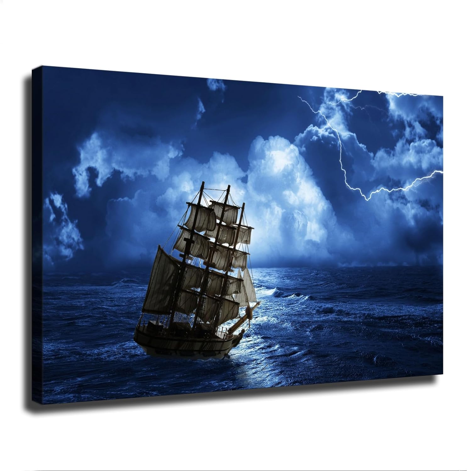 Blue Thunderstorm Pirate Ship Ocean Voyage Canvas Poster Wall Art