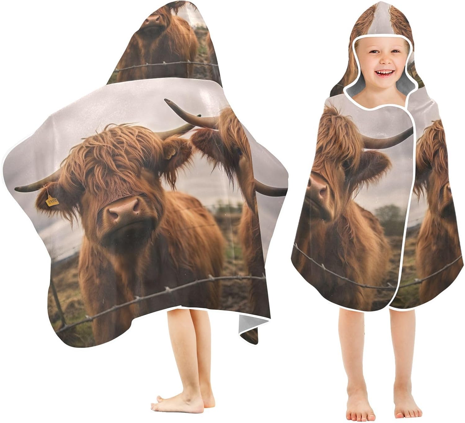 Kids Bath Towel Wrap - Scottish Cow Hooded Towel - Super Soft and Quick Dry