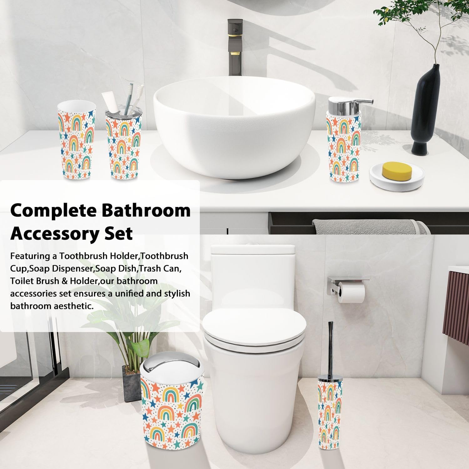 Boho Rainbow Stars Kids Bathroom Accessory Set 6 Piece