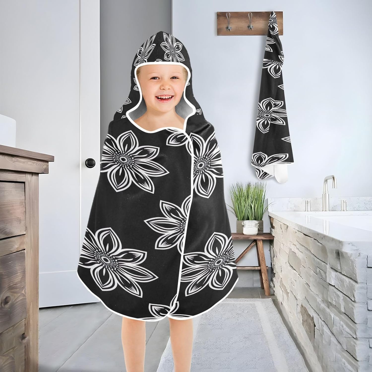 Msyxl Simple Flower Pattern Hooded Kids Bath Towel