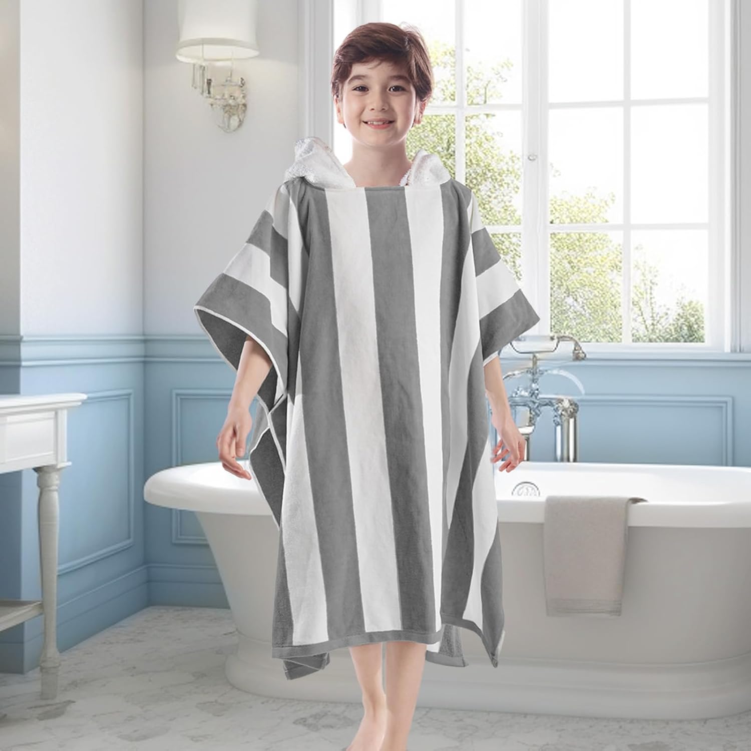 VOOVA MOVAS Big Kids Hooded Poncho Towel - 8-16 Years Grey Cabana Stripe