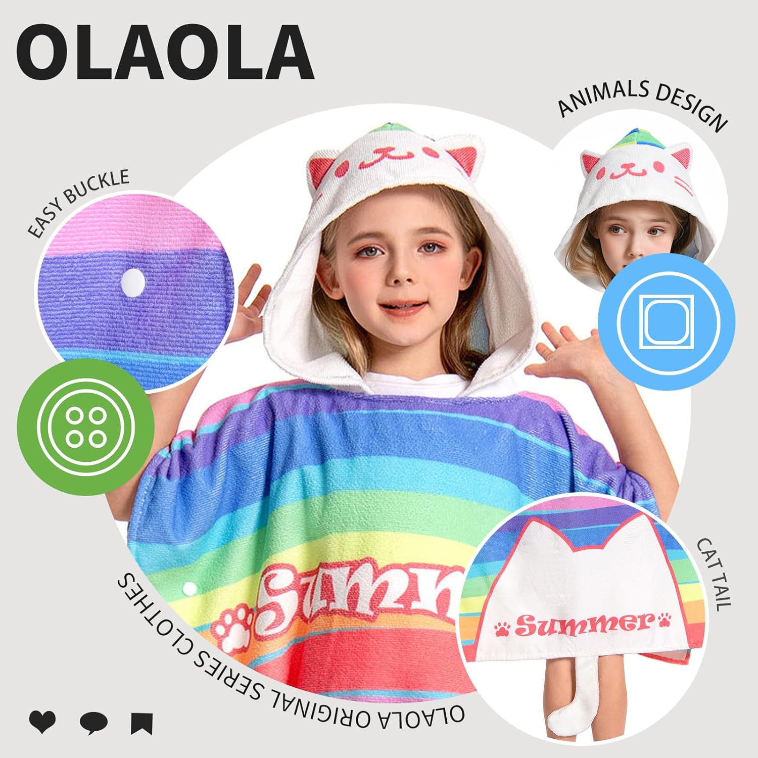 OLAOLA Striped Cat Hooded Kids Beach Towel
