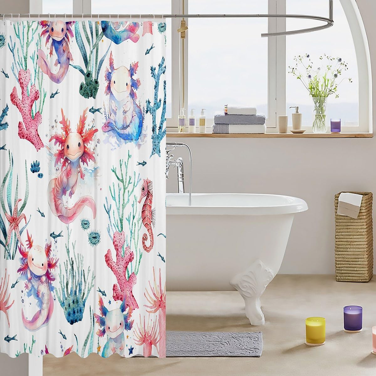 Feelyou Cartoon Axolotl Waterproof Shower Curtain with 12 Hooks 72x72 Inches